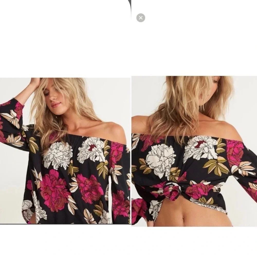 Billabong Floral Top, Long Sleeve Off the shoulder Multicolor Size M